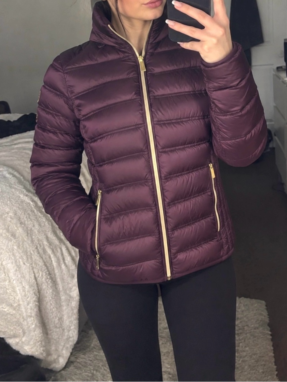 Michael Kors Quilted Puffer Jacket in Plum with Gold Zippers